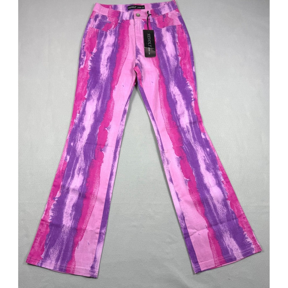 Revolt Jeans Co Pink Purple Abstract Brushstroke Flare Leg Pants Womens Size 2
